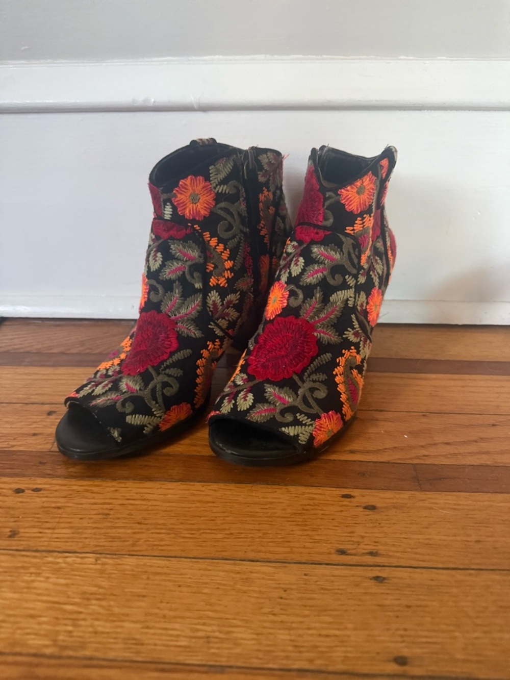 Crown Vintage Black Open-Toe Ankle Booties with Red & Orange Floral Embroidery